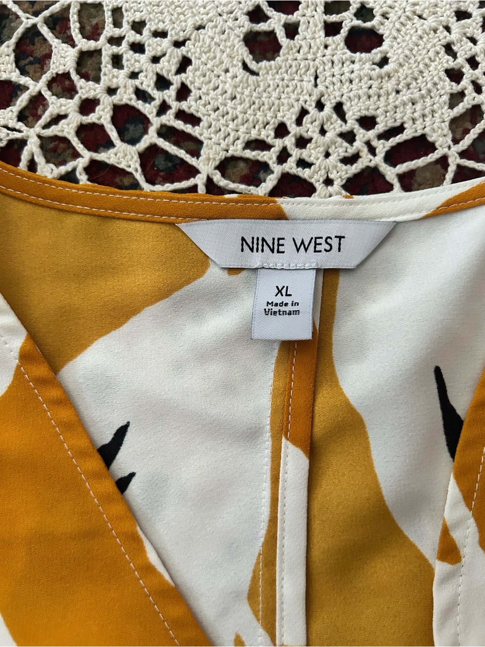 Nine West Mustard, Black and White Wrap Blouse with Side Tie - Picture 5 of 6